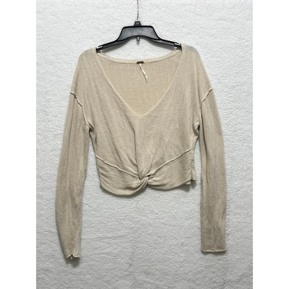 Free People Knot Front Long Sleeve Top Ribbed Knit Crop Beige Medium - Picture 1 of 8